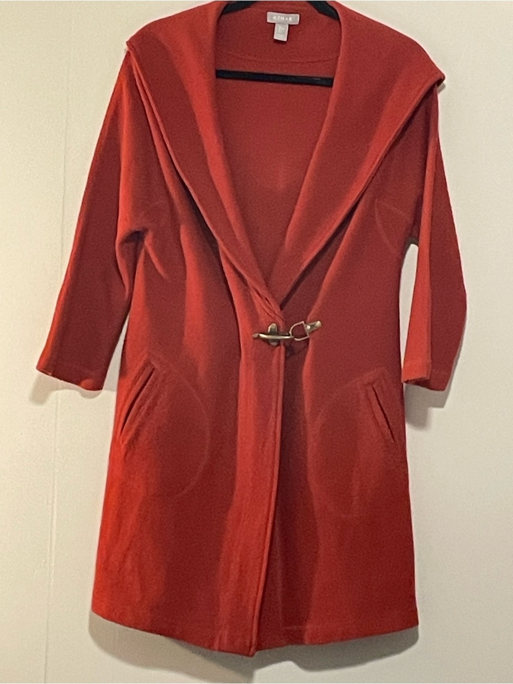 Wool Brick Red Hooded Toggle Coat. Item # 11487